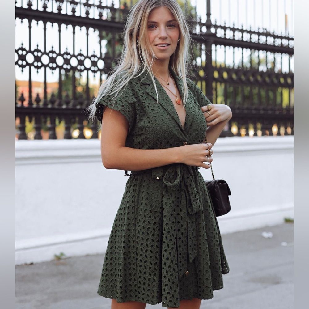 ZARA Openwork Embroidery Dress New Khaki Grenn